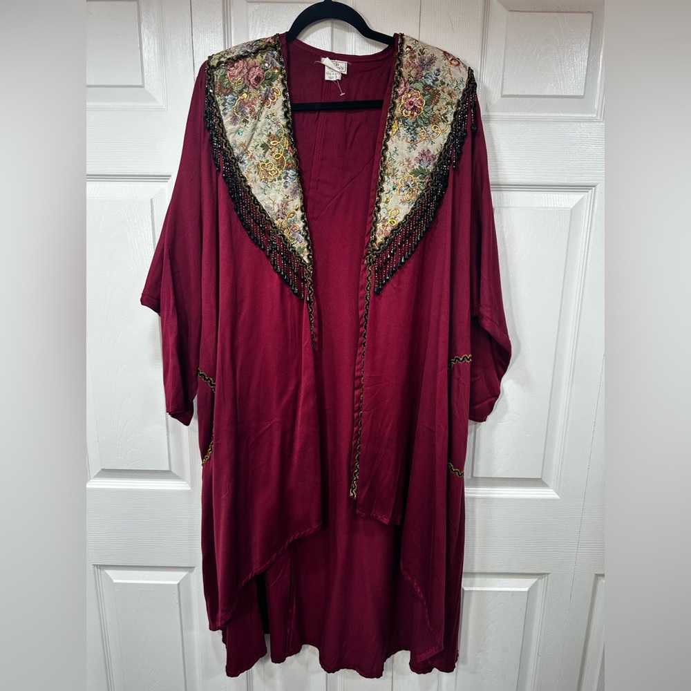 Vintage Burgundy Women's duster with Floral Accents